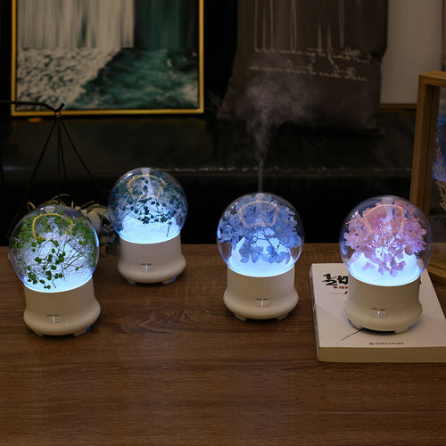 Les quatre modèles du diffuseur fleur lumineuse côte à côte : vert, ciel étoilé, hortensia bleu et rose
