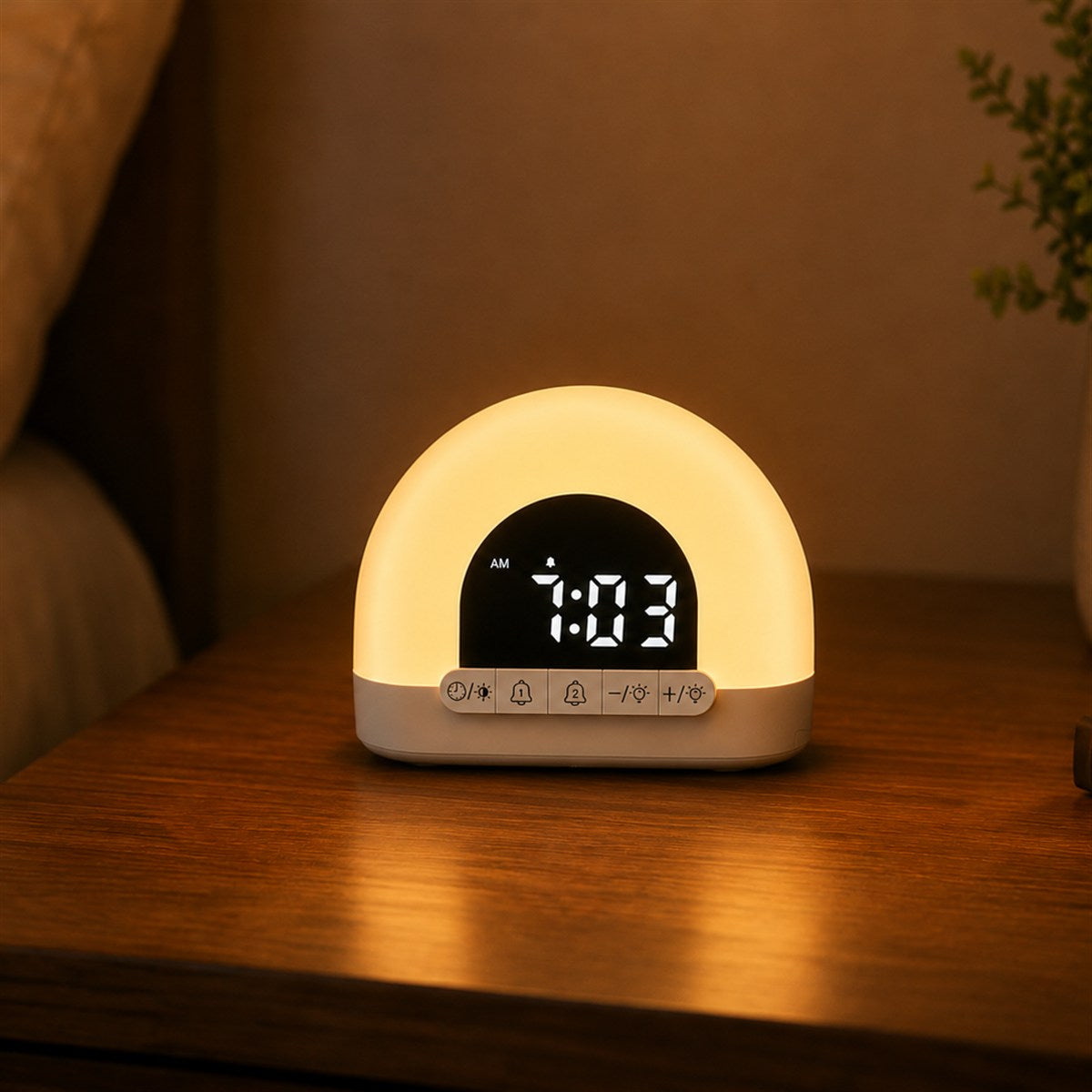 Réveil simulateur d'aube Sérénuit allumé sur une table de nuit en bois, lumière chaude, affichage 7:03